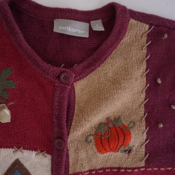 Croft & Barrow Burgundy Patchwork Pumpkin Birdhouse Cardigan Holiday Harvest S - Picture 9 of 9